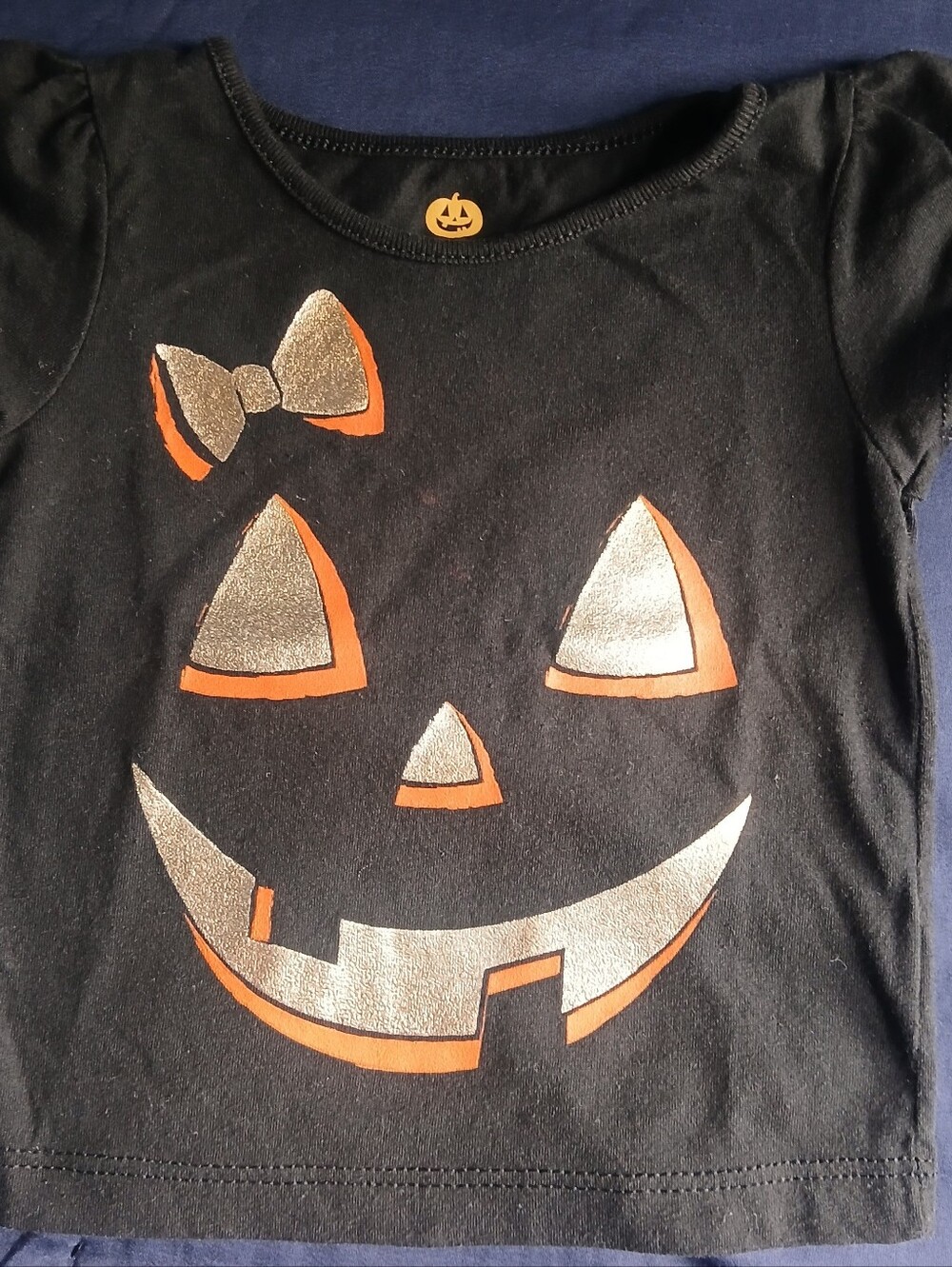 Girls Black Halloween Pumpkin Face Tee with Silver & Orange Accents
